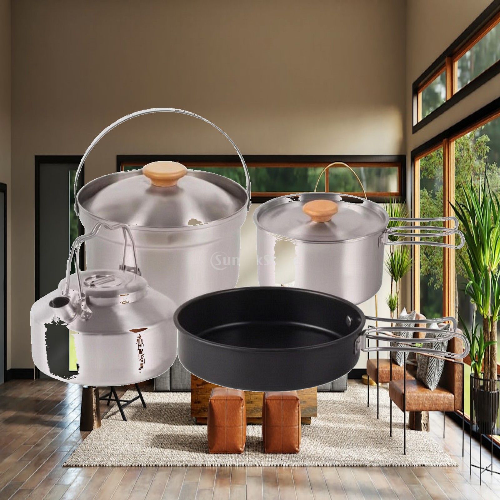 Camping Cooking Set With Kettle - Juego de Cocina de Acero Inoxidable